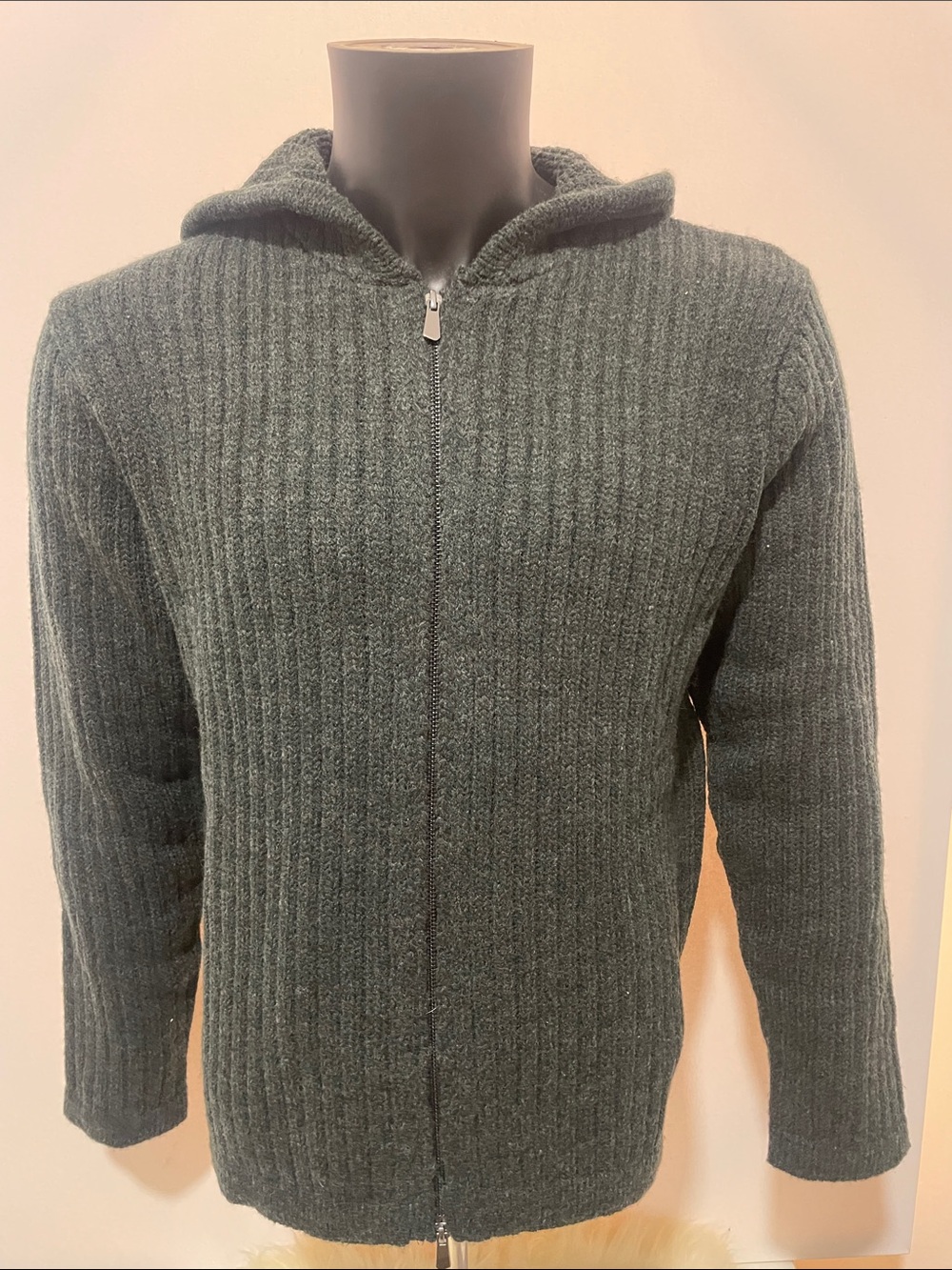 Zara Men's Ribbed Full-Zip Hooded Sweater - Olive Green